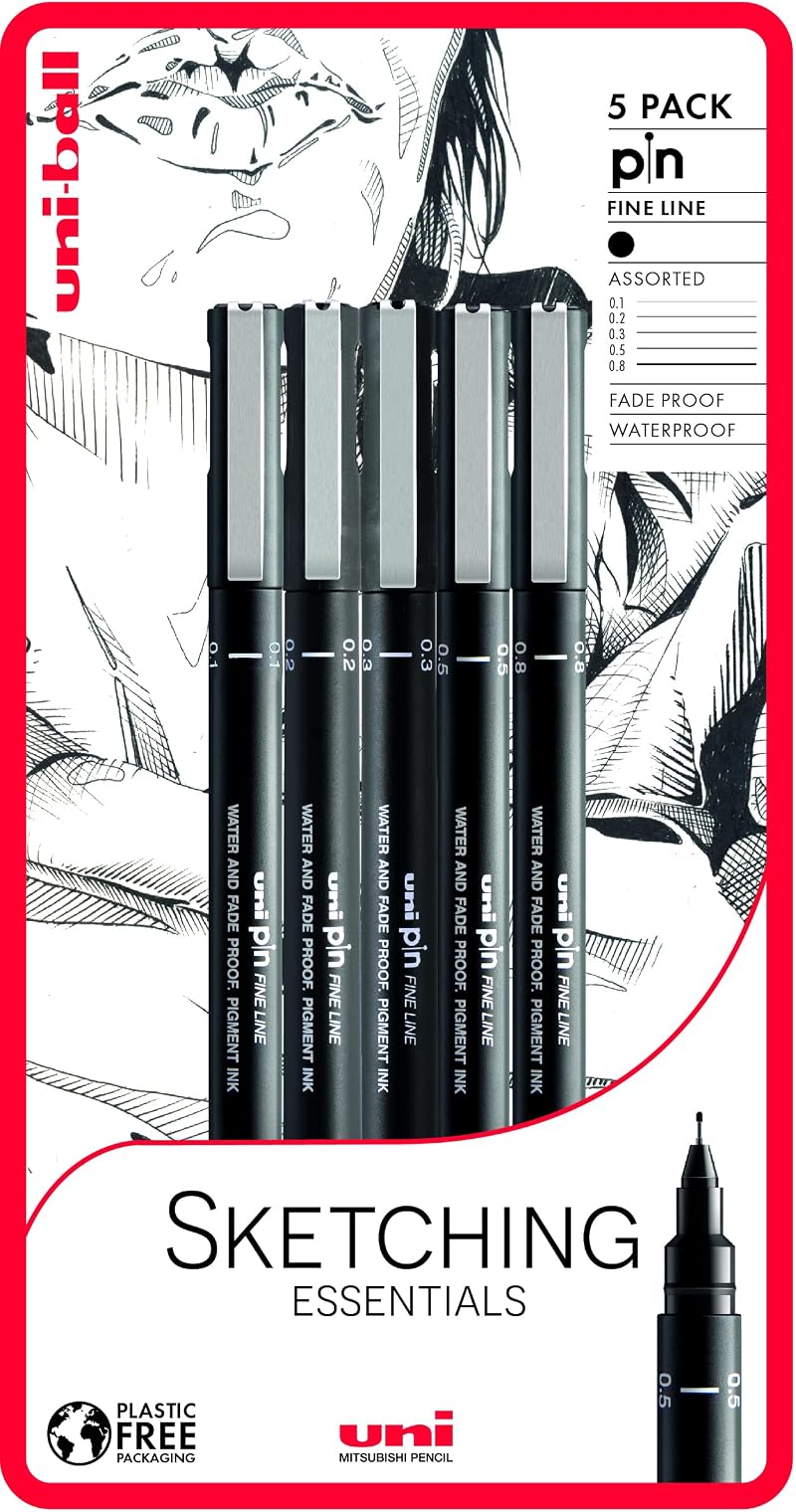 uni-ball PIN Fineliners Black Fine Tip 0.1 0.2 0.3 0.5 0.8 Pack of 5