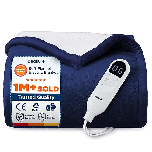 Bedsure Electric Blanket Heated Throw - 6 Heat Levels & 10 Timer Settings, Ultra-Soft Flannel & Sherpa Fast Heating Throw, 130x160cm, Overheat Protection, Navy