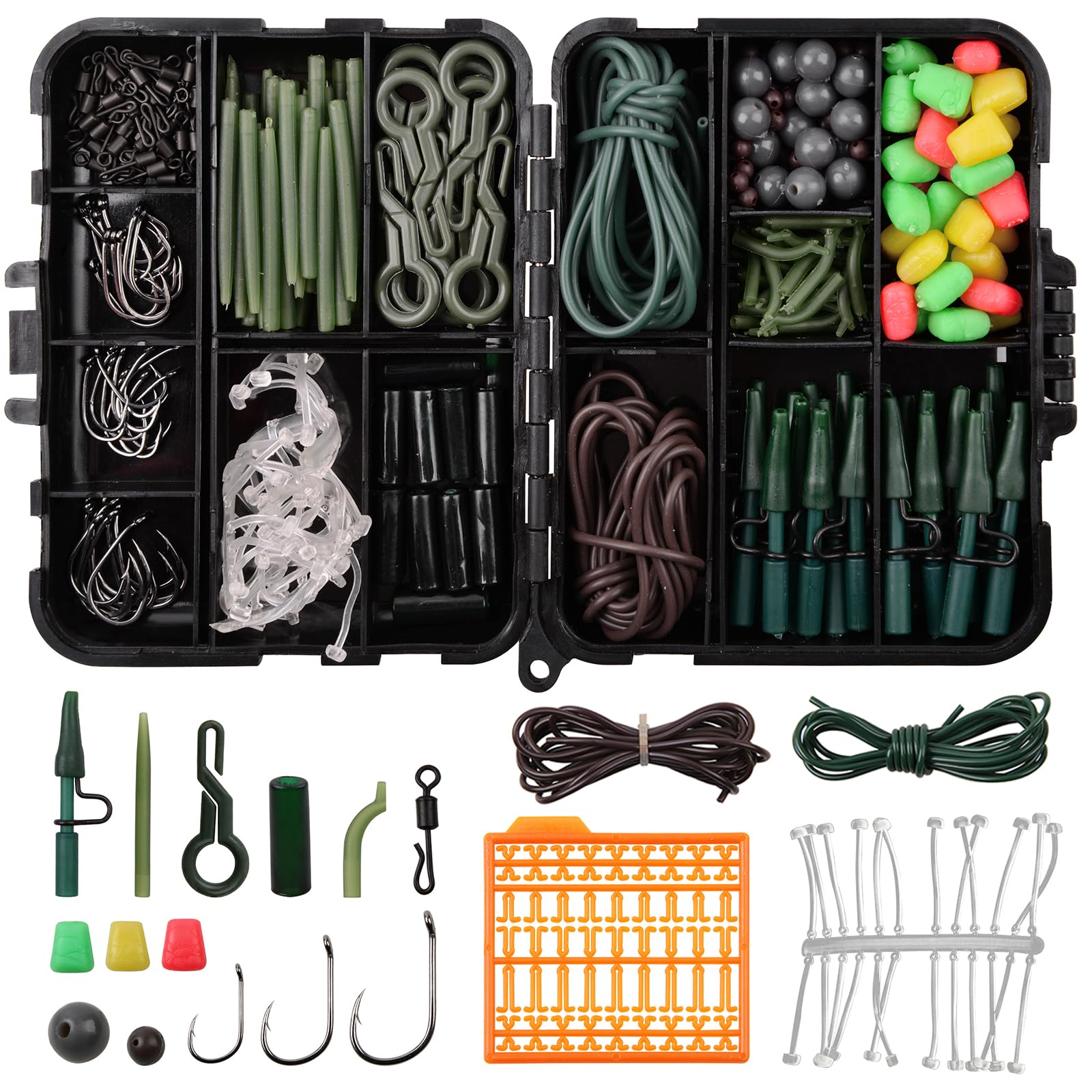 Assorted Carp Fishing Tackle Set Box Include Leader-Clips Beads Hooks Tubes Swivels Baiting Terminal Rigs(225pcs carp tackle kit)