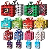 24 Pack Christmas Gift Bags Assorted Sizes with Handle, Reusable Tote Gift Bags Includes 4 Extra Large, 8 Large, 8 Medium, 4 Small, Non-Woven Christmas Bags for Gifts Xmas Party Holiday Favors
