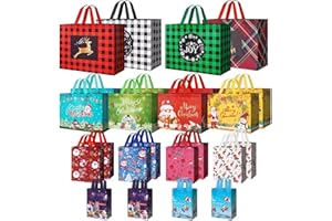 HEETOBCOS 24 Pack Christmas Gift Bags Assorted Sizes with Handle, Reusable Tote Gift Bags Includes 4 Extra Large, 8 Large, 8 Medium, 4 Small, Non-Woven Christmas Bags for Gifts Xmas Party Holiday Favors