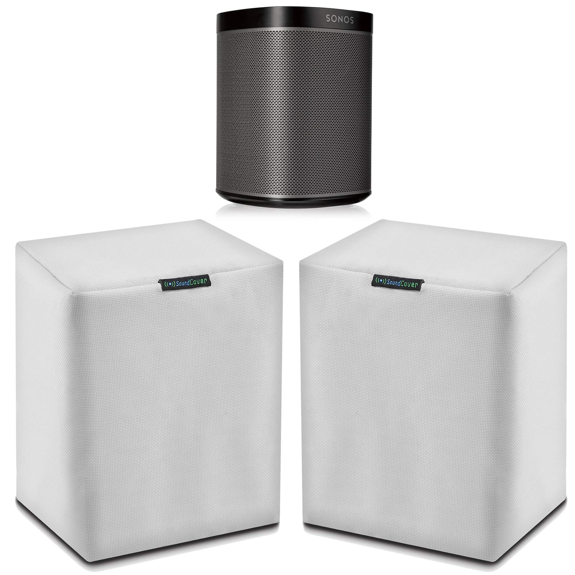 Photo 1 of Pair of White Outdoor Speaker Covers for Sonos Play:1 / One/One SL – 600D Weatherproof Fabric – UV, Dust & Rain Shield – SoundCover 2-Pack