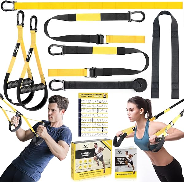 Schlingentrainer, Sling trainer für ein Ganzkörpertraining, Schlingentrainer für zuhause mit Großem Griff Türankerbefestigung Tragtasche, Übungsanleitung for Homegym