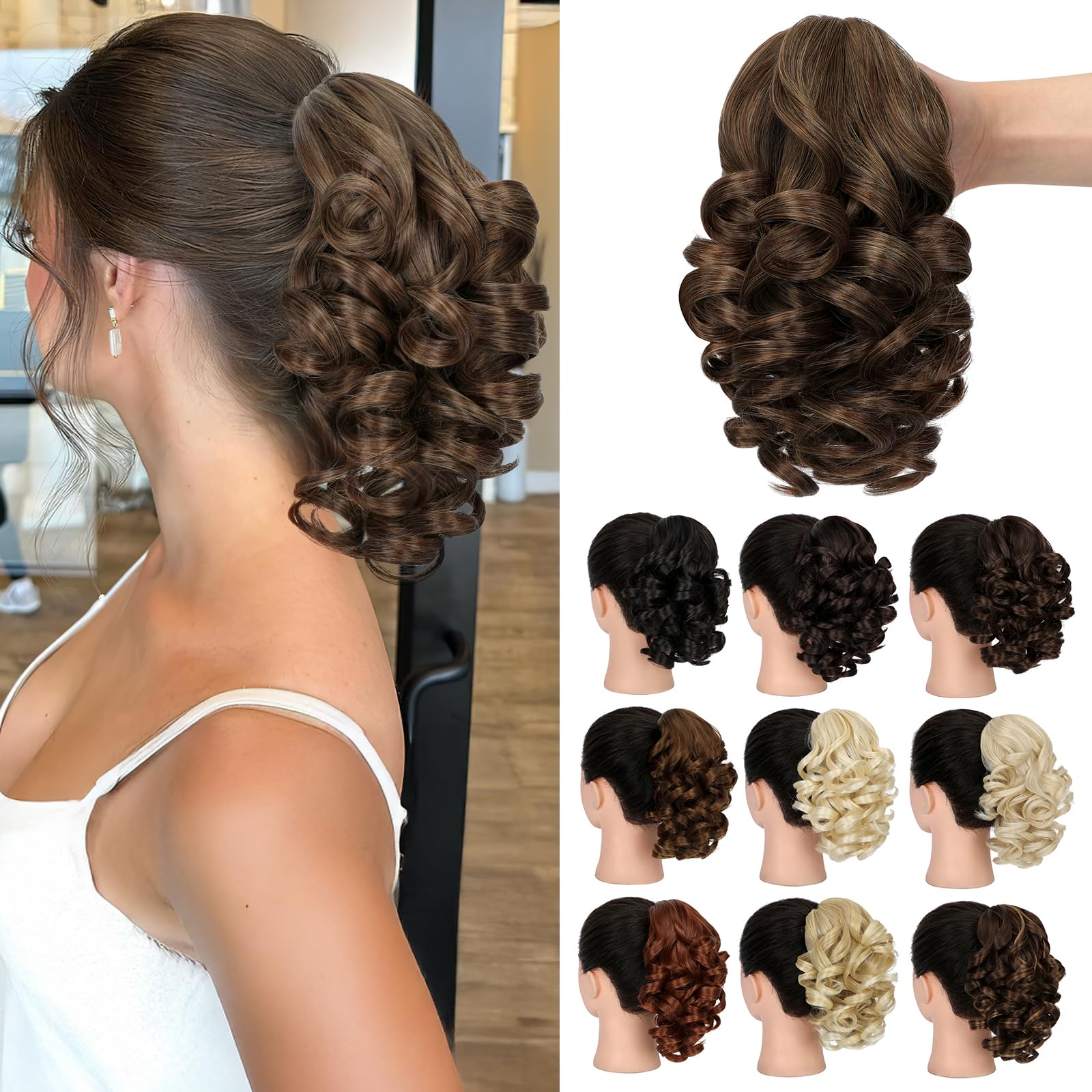 Photo 1 of Cephermer Ponytail Extension, 9" Claw Clip in Short Curly Wavy Pony Tails Hair Extensions Jaw Clip on Ponytail Hairpiece for Women Light Brown mix Ash Blonde