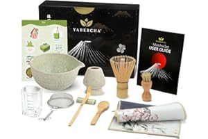 YABERCHA 10 Pcs Matcha Whisk Set - 15 OZ Matcha Bowl with Spout and Whisk Holder & Measuring Cup - Bamboo Matcha Scoop and Spoon - Stainless Steel Sifter - Cleaning Brush - Matcha Kit for Japanese Tea Ceremony