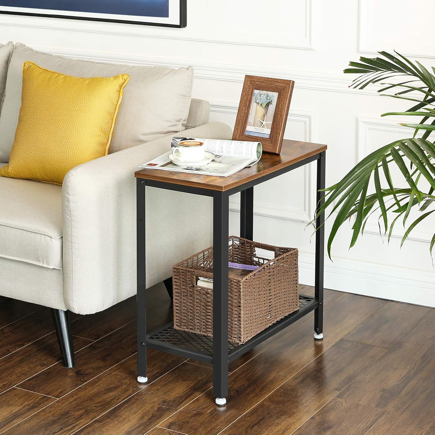 VASAGLE Industrial Side Table, 2-Tier Nightstand with Mesh Shelf, End Table for Small Spaces, Sturdy and Easy Assembly, Wood Look Accent Furniture with Metal Frame, Rustic Brown ULET31BX: Kitchen & Dining
