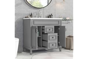 LUMISOL 36" Bathroom Vanity with Sink Top, Modern Bathroom Vanity with Drawers & Soft-Closing Doors, Wooden Bathroom Cabinet with Resin Sink, Grey
