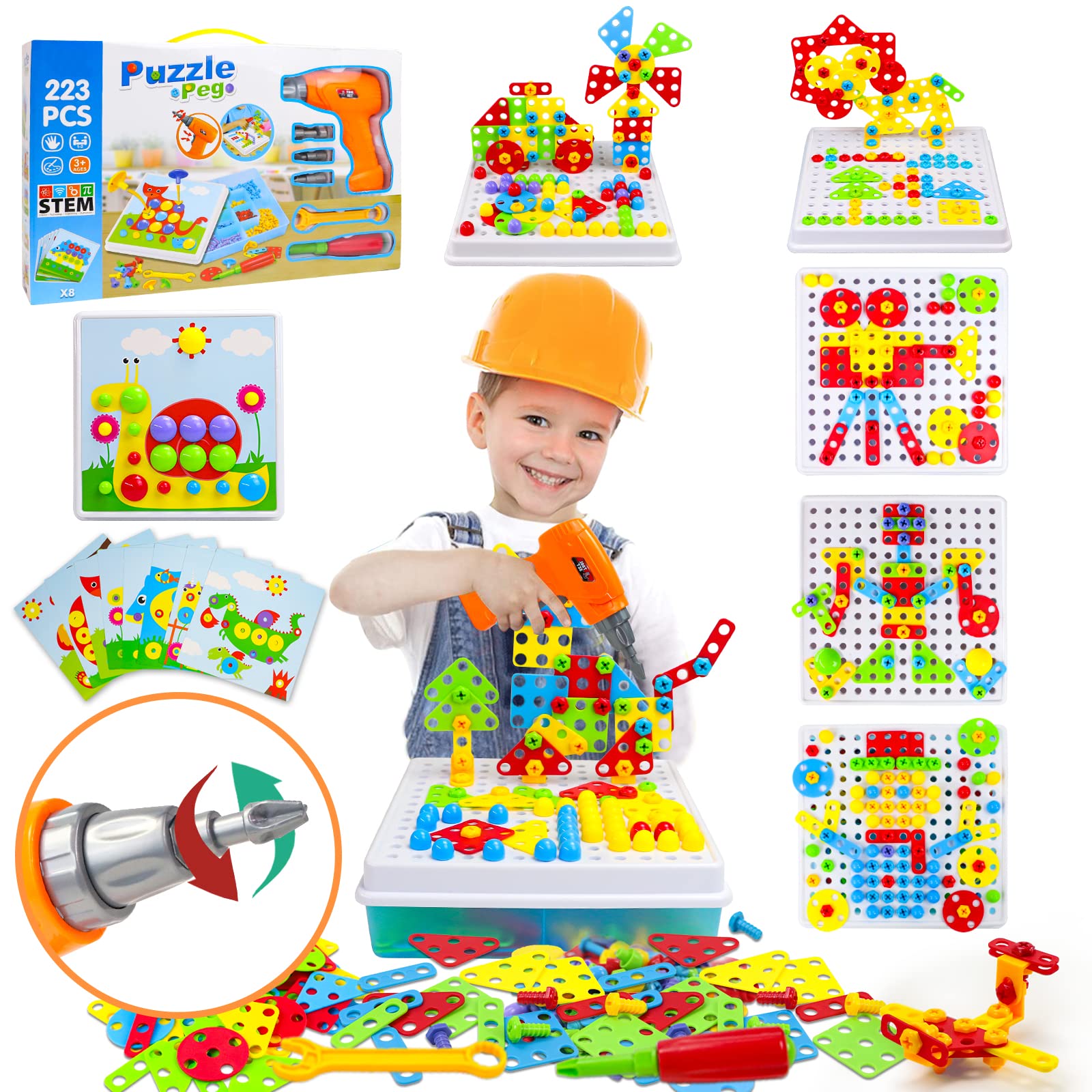 Akokie Construction Toys Building Blocks Puzzle with Power Drill Tool Screws Educational Kids Toys Game for Boys Girls 3 4 5 6 Years Old 223 PCS
