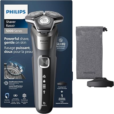 Shaver Series 5000 – Elektrischer Rasierer für Herren, Nass- & Trockenrasierer in Carbongrau, integrierter ausklappbarer Trimmer, weiche Tasche, Schutzkappe & Ladestation (Modell S5887/13)