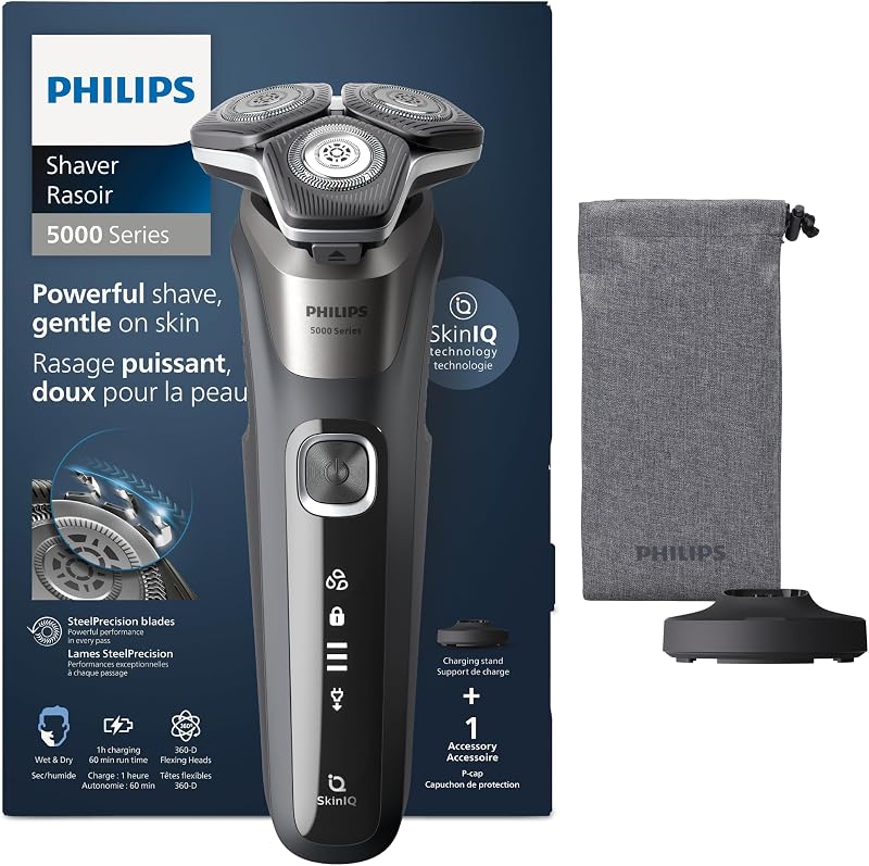 Shaver Series 5000 – Elektrischer Rasierer für Herren, Nass- & Trockenrasierer in Carbongrau, integrierter ausklappbarer Trimmer, weiche Tasche, Schutzkappe & Ladestation (Modell S5887/13) — Foto 1 von 7