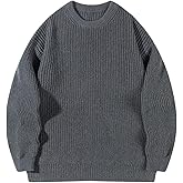 SHENHE Men's Sweaters Crewnck Long Sleeve Solid Drop Shoulder Heavy Weight Knit Grandpa Sweaters Unisex Pullovers Top
