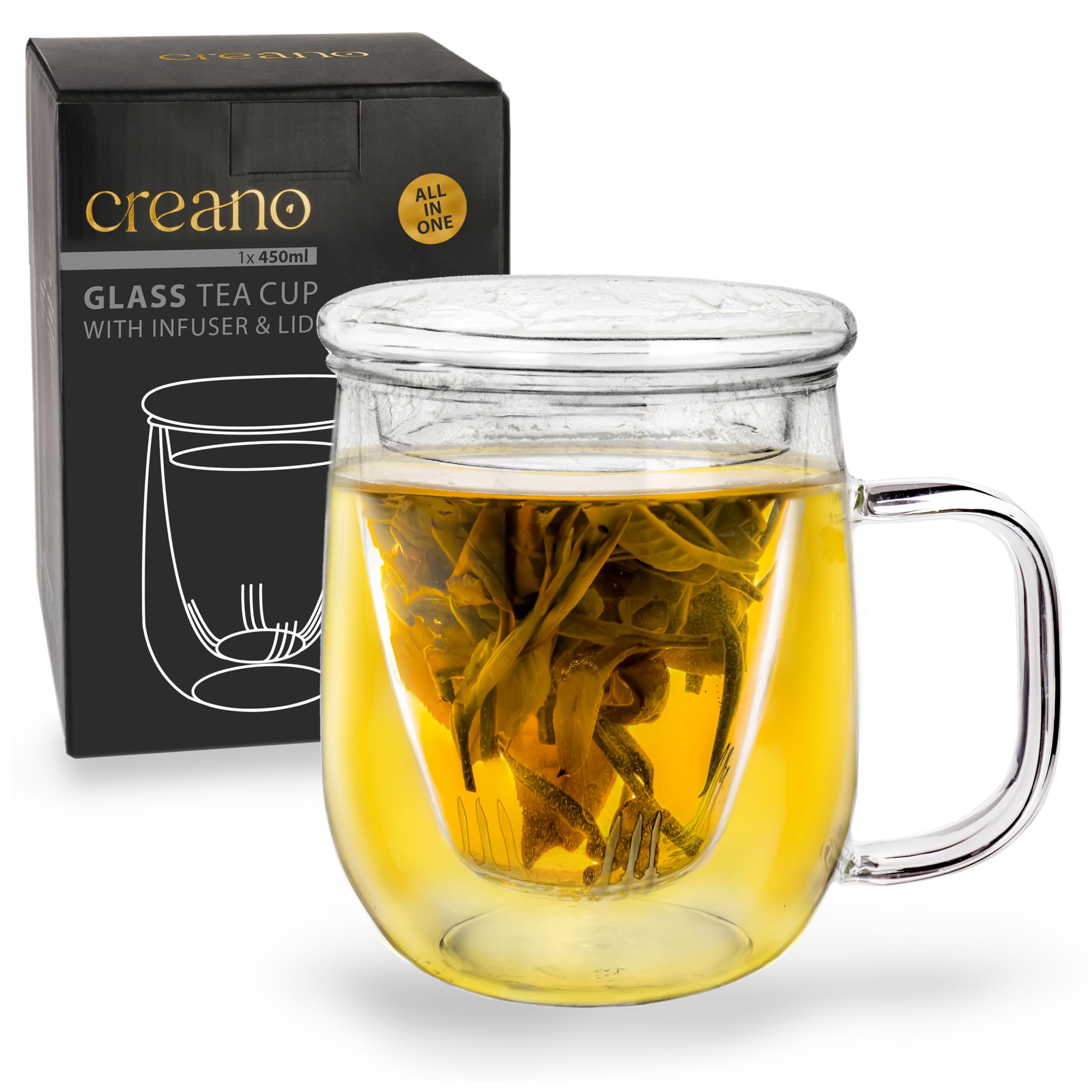 Creano Tea Glass 450 ml – Large Tea Cup with Strainer and Glass Lid – an Ideal Tea Maker