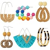 Ponpon 6-18 Pairs Earrings for Women, Lightweight Summer Earrings Straw Earrings Fashion Geometric Statement Hoop Dangle Drop Earrings for Women