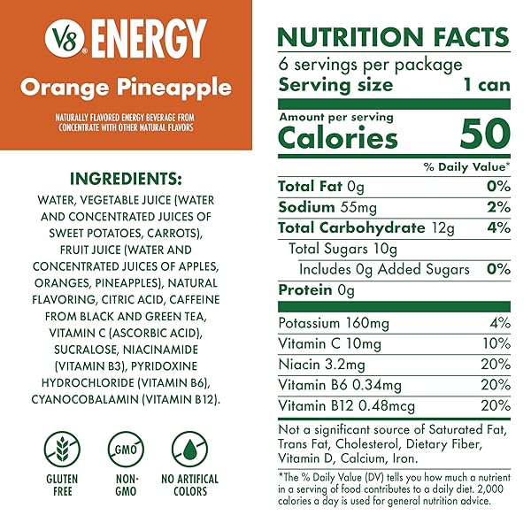 V8 ENERGY ORANGE PINEAPPLE ENERGY DRINK, 8 FL OZ CAN (6 PACK)