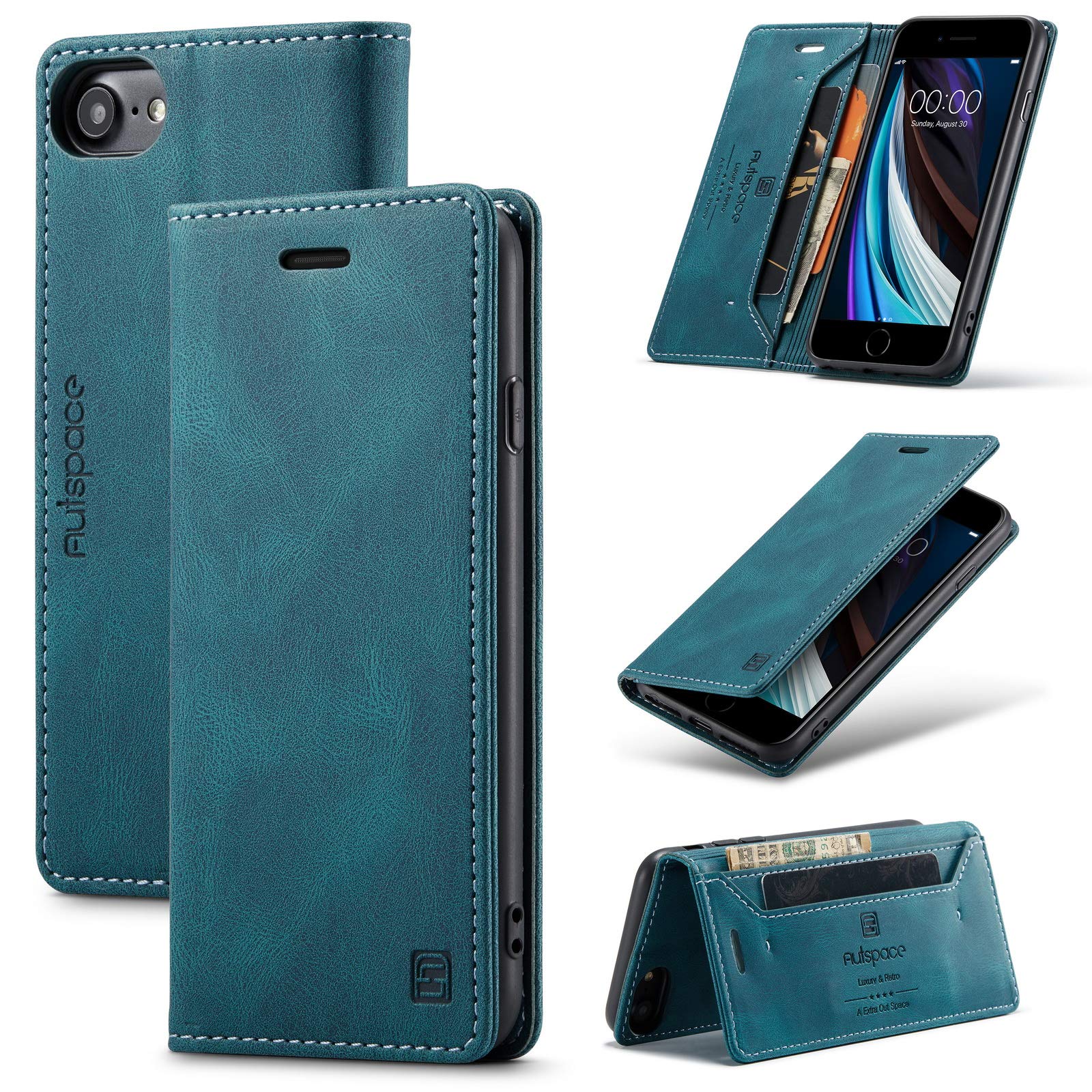 TOHULLE for iPhone 6 for iPhone 6S for iPhone 7 for iPhone 8 for iPhone SE 2020 Case, Vintage Wallet Case Card Holder Kickstand Built-in Magnetic Flip Folio Leather Case - Blue — image 1