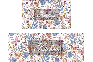 Serwrsw Colorful Flower Plants Kitchen Mats 2 Piece for Floor, Multi Colored Floral Kitchen Rugs Sets of 2, Non Slip Washable, 17"x47"+17"x29", White