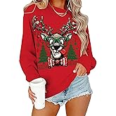 Gabefin Ugly Christmas Sweatshirts Women Funny Reindeer Sweatshirt Oversized Christmas Tree Sweater Xmas Pullover Tops