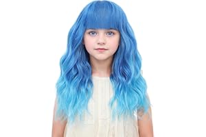 BUPPLER Kids Light Blue Wig with Bangs 14 Inch Halloween Cosplay Wigs for Kids Girls Wavy Hair Synthetic Wig with Upgraded Strands,Shoulder Length Wigs for Costume Parties (14 Inch,Light Blue)
