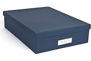 BIGSO BOX OF SWEDEN Bigso Oskar Fiberboard Label Frame Document Letter Box - File Organizer Box for Important Paperwork - Document Storage with a Lid & Metal Label Window - 3.3 in x 10.2 in x 13.8 in - Dark Blue