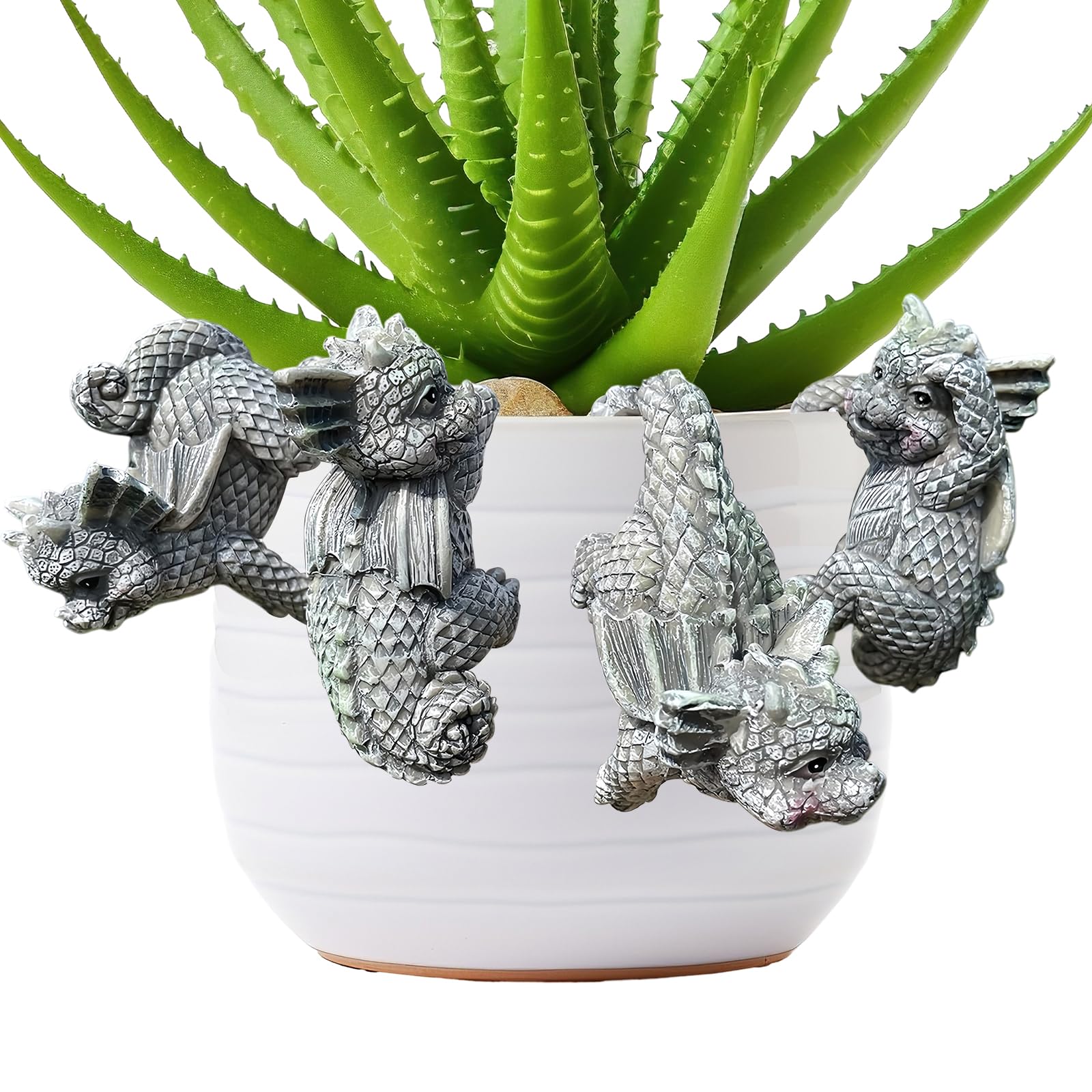 Hollylife 4 Pcs Garden Dragon Ornaments Hanging Statues Small Dinosaur Sculptures Flower Pot Dragon Resin Crafts Plants Pot Hanger for Garden Cup Decoration Outdoor Statues Home Office Desk Ornaments