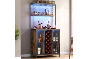 Loomie Wine Bar Cabinet with LED Lights, 5-Tier Industrial Coffee Bar, Buffet Sideboard with Adjustable Shelves, Kitchen Bar Table with Wine Rack Storage and Glass Slots for Liquor and Glasses,Rustic
