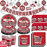 DAZONGE Graduation Decorations 2026 Red and Black, Disposable Tableware Kit for 50 Guests, Plates, Napkins, Cups, Tablecloth and Hanging 2026 Graduation Party Decorations