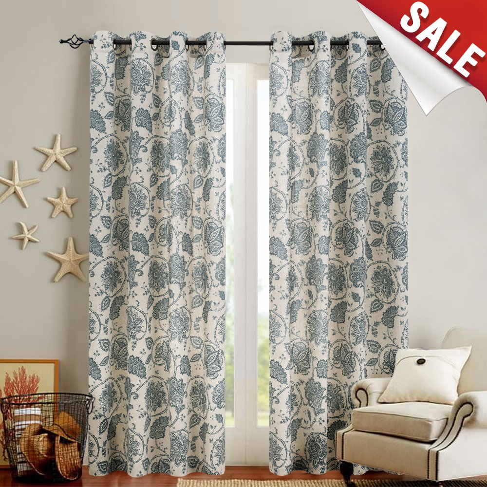 Paisley Scroll Printed Linen Curtains Grommet Top Medallion