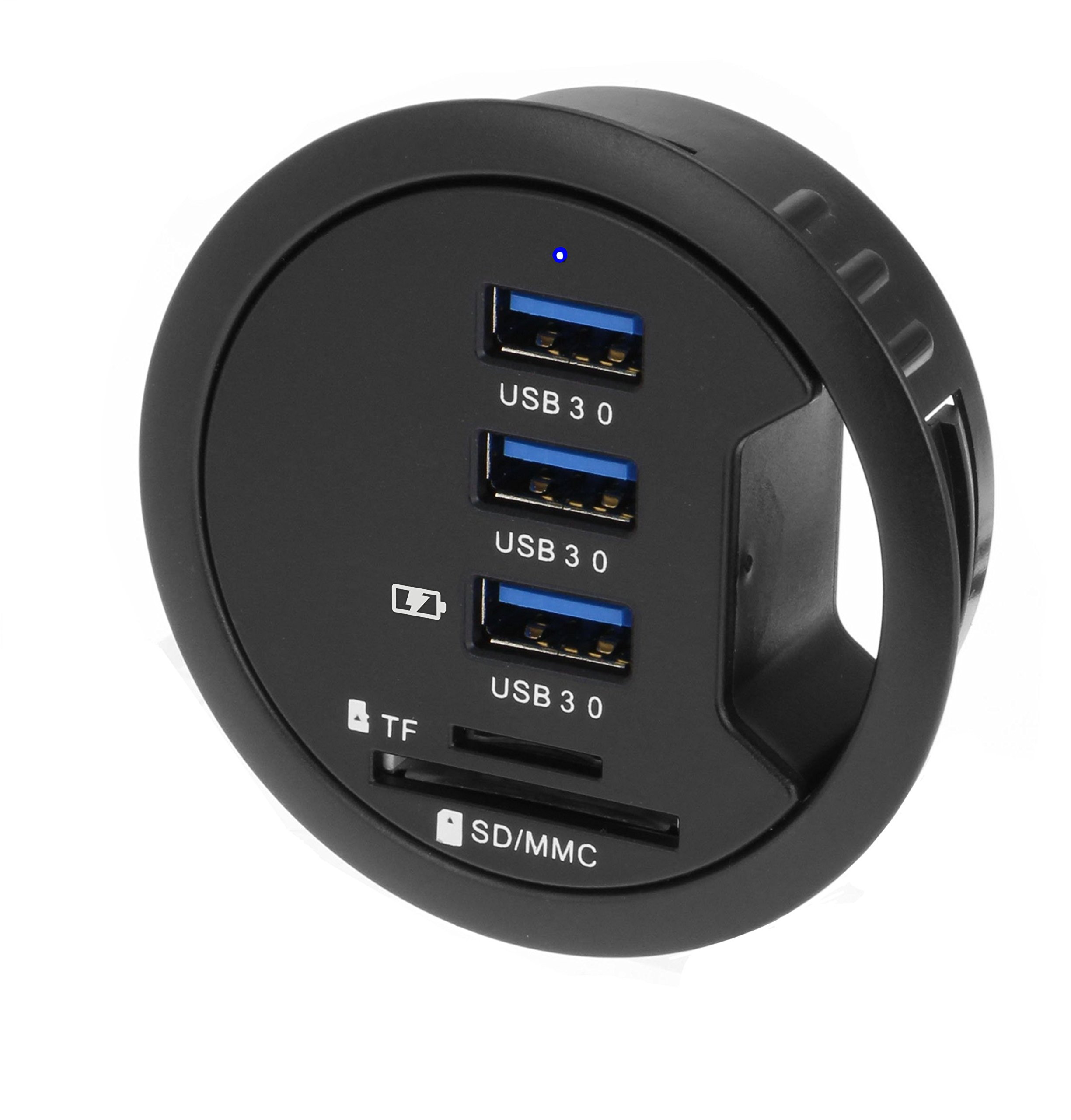 SEDNA - 2.5" Grommet Hole - In Desk - USB 3.1 Gen I 3 Port Hub/ BC 1.2 USB Charger with SD Card Reader with UK AC/DC adapter