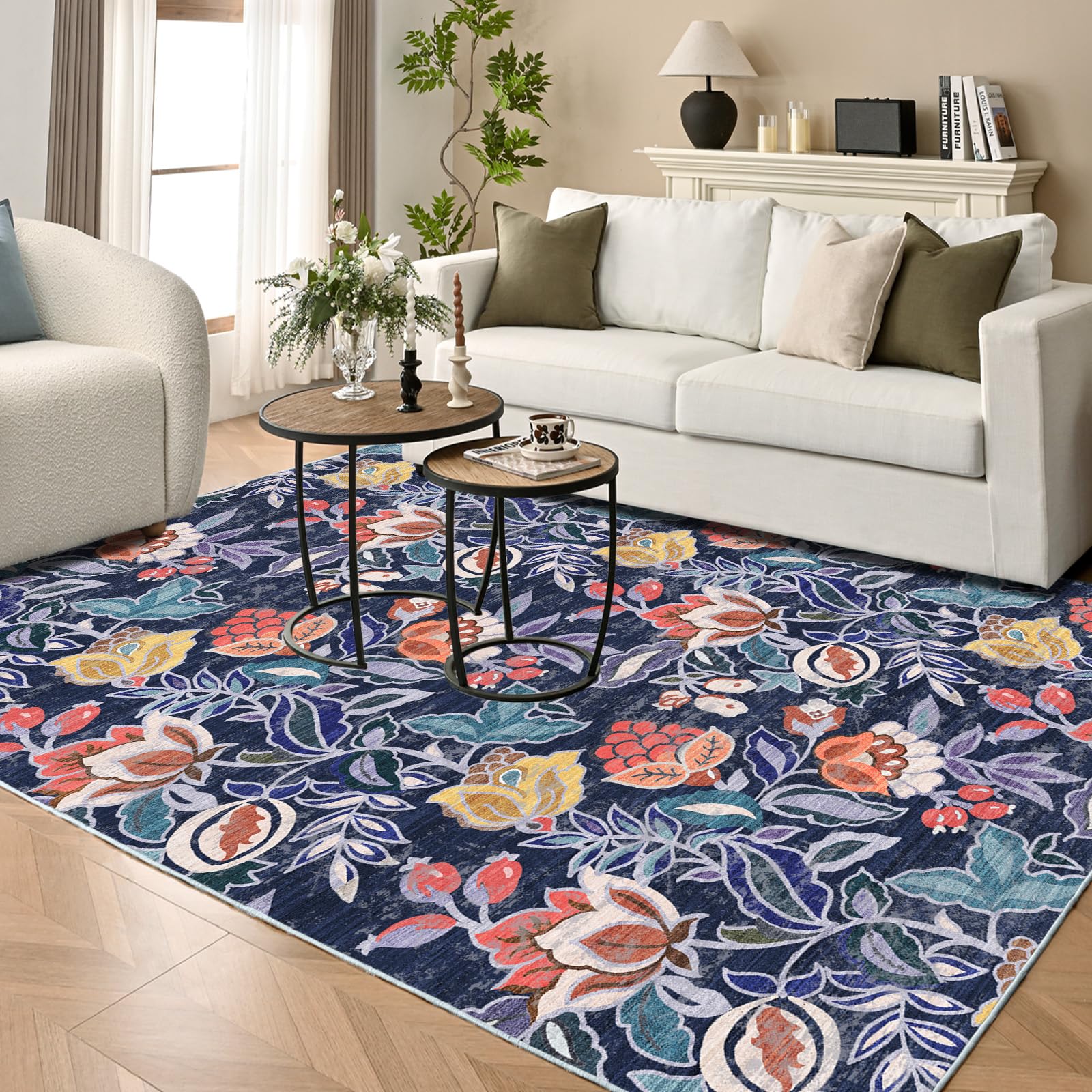 Photo 1 of 8x10 Large Area Rugs for Living Room,Non Slip Vintage Boho Rug,Machine Washable Rug,Low-Pile Floral Print Carpet for Bedroom Dinning Room Office Farmhouse Indoor Home Decor?Blue 8'x10'?