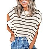 WDIRARA Women's Striped Sweater Vest Crew Neck Side Slit Cap Sleeve Knit Top