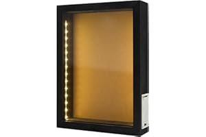 hvfun 8"X11" Rustic Black Wood Shadow Box with Lights,LED-lit Display case for Wine Corks, Tickets, and Creative Exhibits,Artistic Presentations