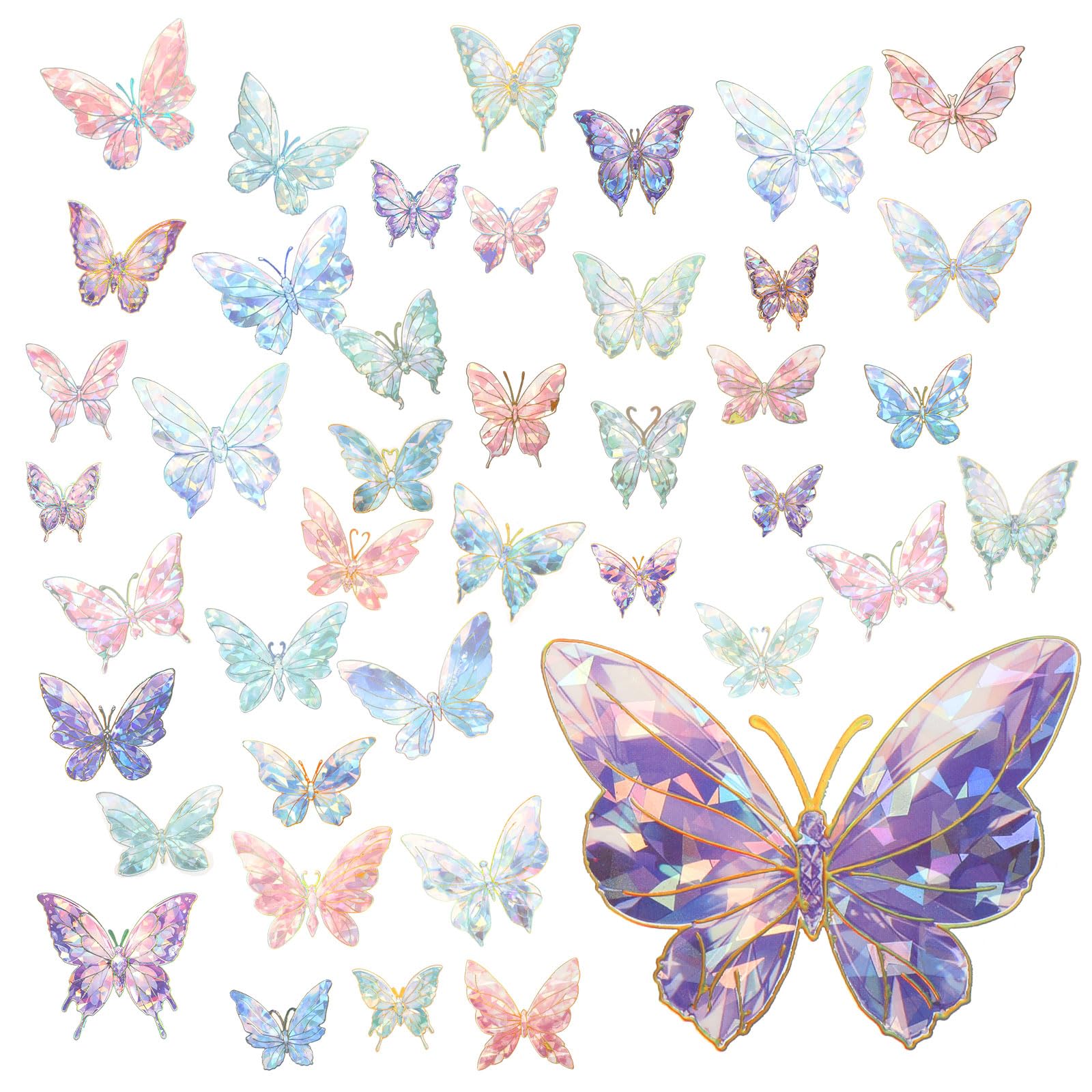 Photo 1 of 80pcs Holographic Glitter Butterfly Stickers Phone Butterfly Stickers Set, Blue Green Pink Purple Sparkly Crystals Clear Resin Waterproof Stickers Decals for Scrapbooking Journaling Water Bottles