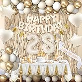 Miidenks 28th Birthday Decorations for Women, White and Gold 28 Boho Birthday Party Supplies Includes Number Balloons, Banner, Fringe Curtain, Cake Topper