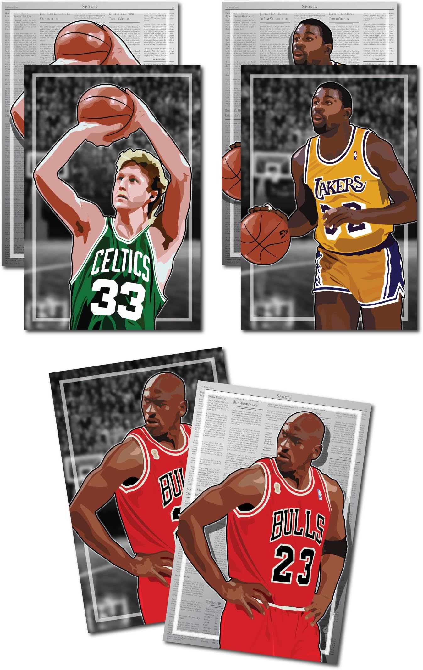 Oakley Graphics 3 Posters of 80's-90's NBA - Michael Jordan, Larry Bird, Magic Johnson Art Prints - Buy 1 Get 2 Free, 3 Total Prints (2-Sided) (Medium Set - 12"x18")