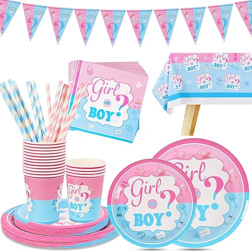Baby Girls Boys Baby Shower Gender Reveal Party Tableware, Gender Reveal Tableware Includes Plates, Cups, Napkins, Straws, Tablecloth & Banner, Disposable Dinnerware Set Party Supplies for 16 Guests