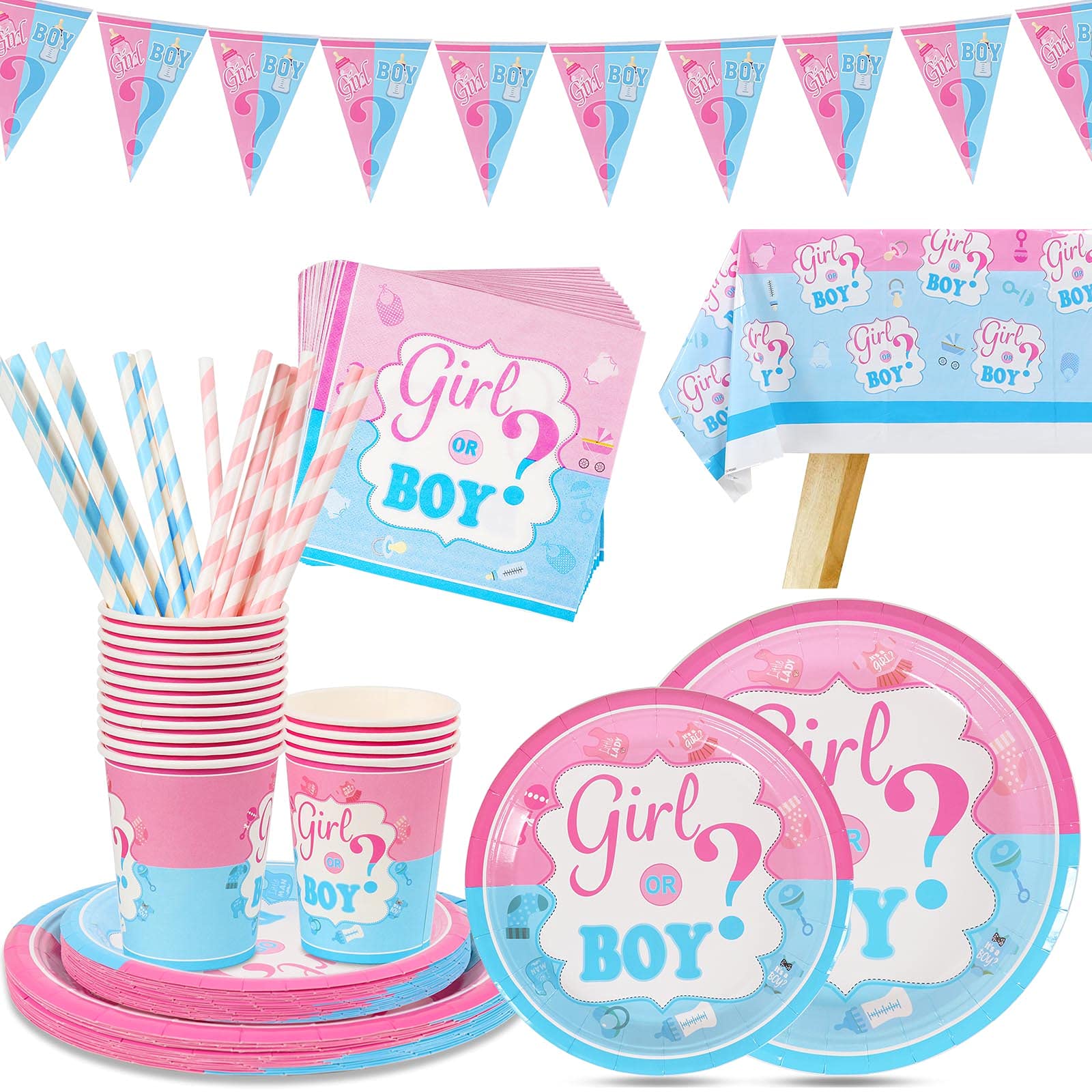 Baby Shower Gender Reveal Party Tableware, Gender Reveal Tableware Includes Plates, Cups, Napkins, Straws, Tablecloth & Banner, Dinnerware Set Party Supplies for 16 Guests