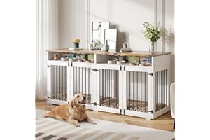 REVOMINCA 72'' Dog Crate Furniture for 2 Dogs, Wooden Dog Cage with Storage Compartment, Indoor Dog Kennel with 4 Doors for Large/Medium Dogs, White