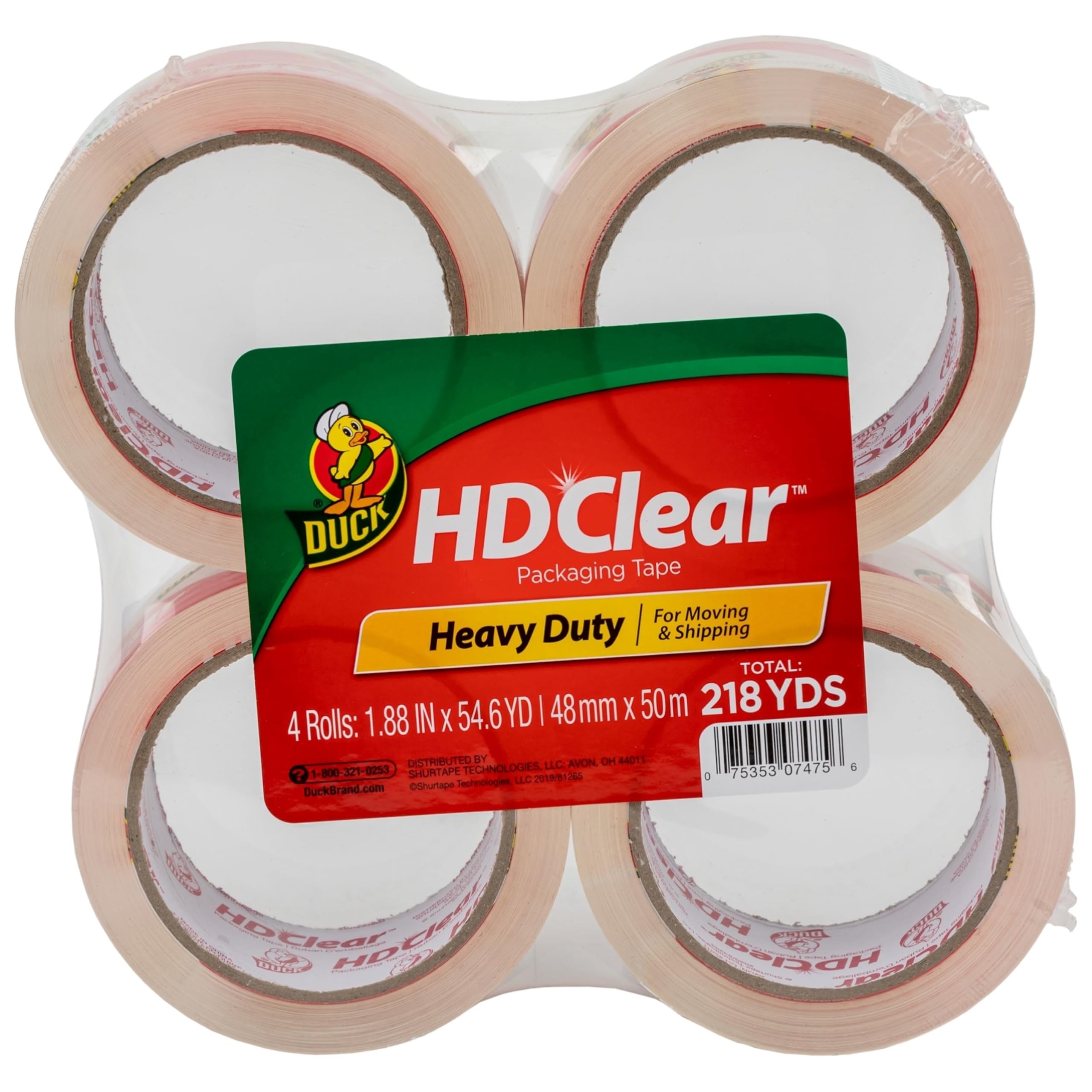 Duck HD Clear Packing Tape Refills - 4 Rolls of Heavy Duty Shipping and Moving Packing Tape - Clear Strong Packaging Tape for Boxes, Packing and Moving Supplies - 1.88 In. x 54.6 Yards (240378)