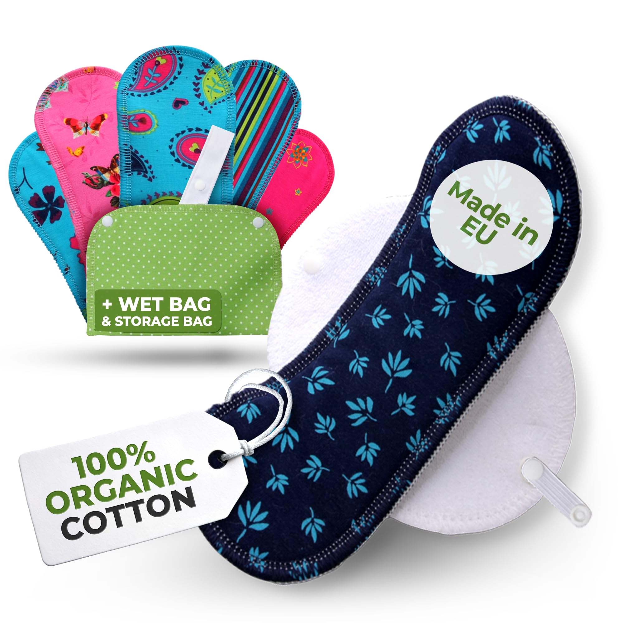 Made in EU – Reusable Sanitary Pads for Light Flow (6 Pack, S+M) – High-Temp Washable, Durable Cloth Period Pads for Women & Teens – Breathable Organic Cotton & Secure-Fit for Menstrual Comfort