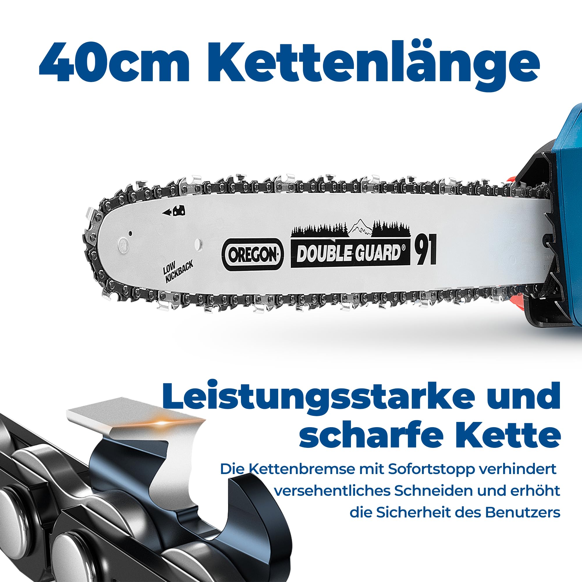 Dong Cheng Bürstenlose Akku Kettensäge 40V(2×20) V mit Oregon-Führungsschiene und Kette, werkzeuglose Kettenspannung, 38cm Schnittlänge, 14m/s Kettengeschwindigkeit für Holz und Gartenarbeit 4