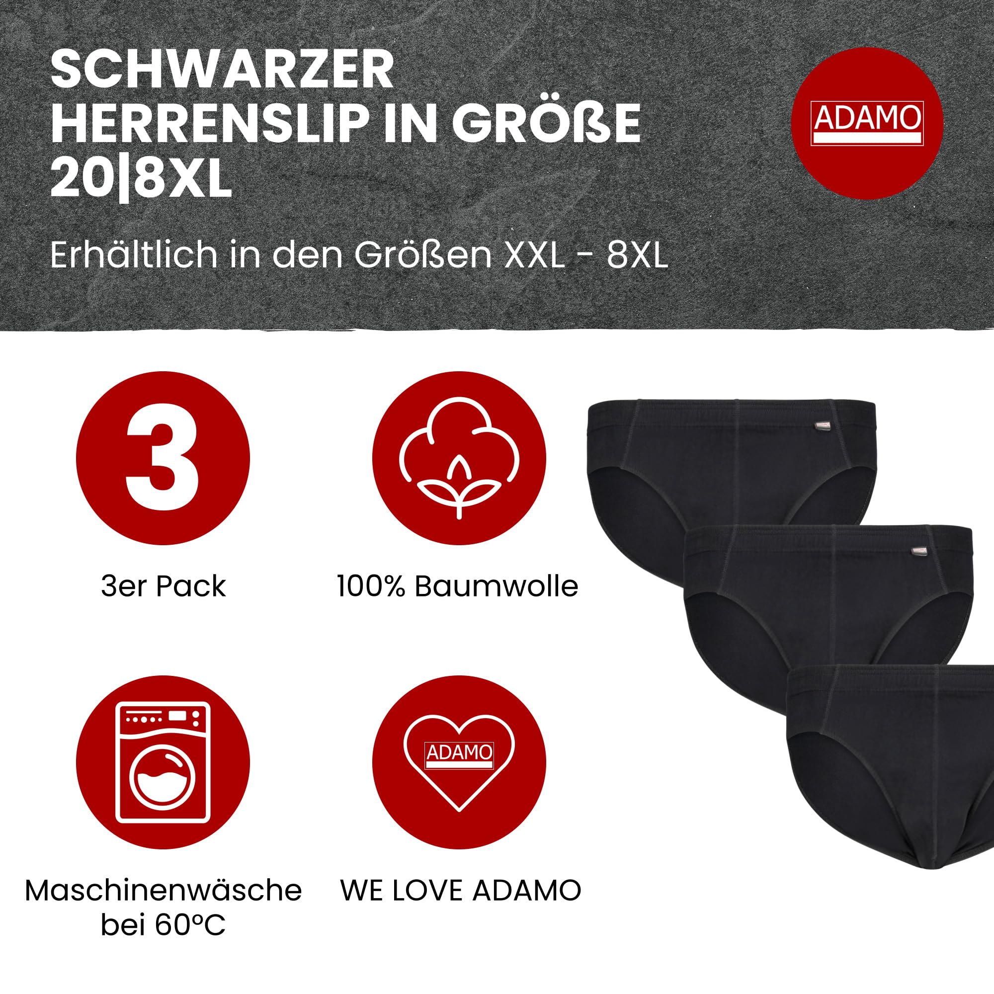ADAMO Herren-Slips 3er Pack 100% Baumwolle, Schwarz, Größe 14 I Angenehme Herren Unterhosen in Übergröße I Waschmaschinentauglicher Herren Slip 3
