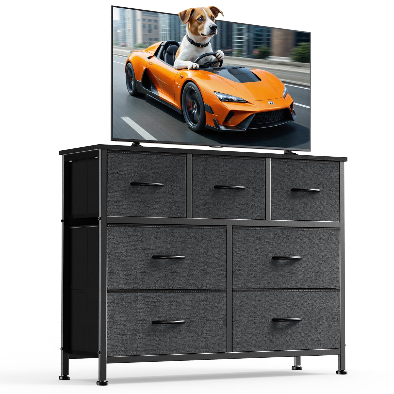 Photo 1 of DUMOS TV Stand Dresser for Living Room Bedroom with 7 Fabric Drawer, Entertainment Center Chest Storage Organizer Units for Clothing, Closet, Cabinet, Living Room Furniture, Classic Gray