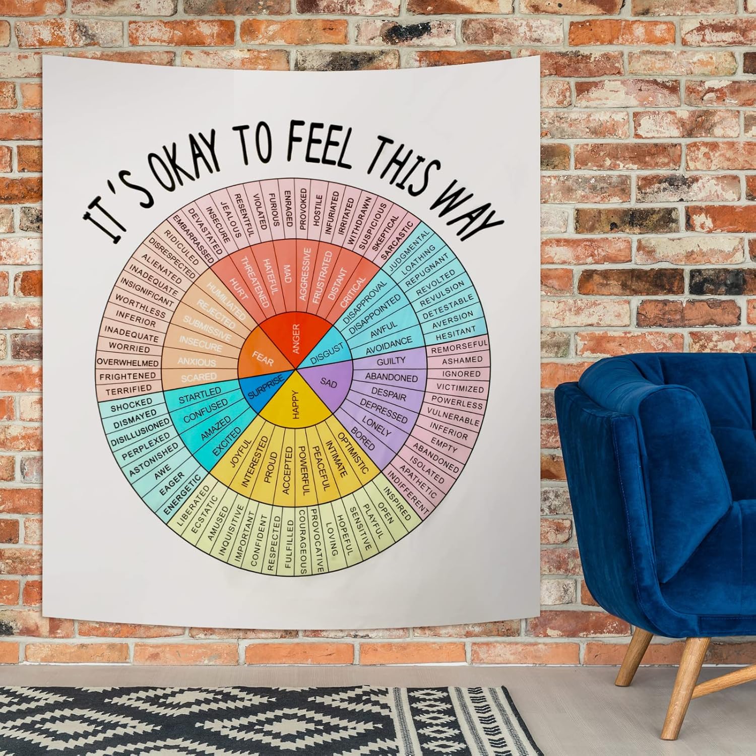 Tapestries - Wheel of Feelings Tapestry 51.2 x 59.1 Inch Mental Health Art Wall Hanging Tapestries Large Round Cake Shape Emotion Chart Background for School Home Living Room Bedroom Decoration (Light Color)