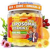 Liposomal Vitamin C 500mg 1000mg Gummies for Kids 4+ &amp; Adults, with Omega-3, Elderberry, Propolis, Zinc, D3, Kids Immune Support, Antioxidant, Growth &amp; Development, Chewable Natural Vit C, Sugar Free