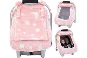 KASEEOUS Winter Baby Car Seat Cover, Infant Car Seat Cover Glow in The Dark, Cozy & Warm Carseat Canopy for Boys and Girls, Baby Carrier Cover with Zipper Peep Windows for Baby Registry Essentials