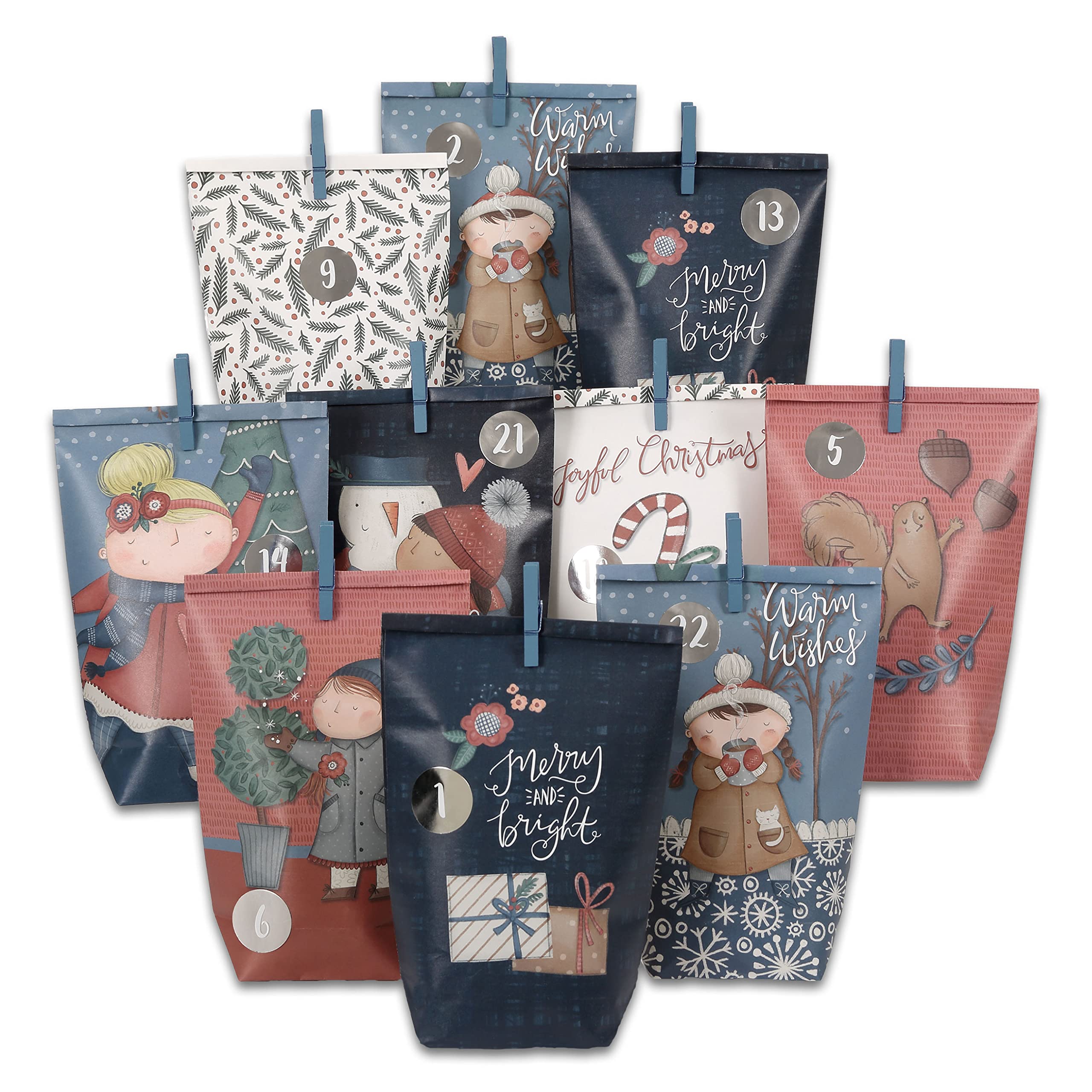 Papierdrachen Advent Calendar for Filling - 24 Blue and Pink Printed Gift Bags and 24 Number Stickers and Clips - Dark Blue Motif - for Crafts and Gifts - Christmas