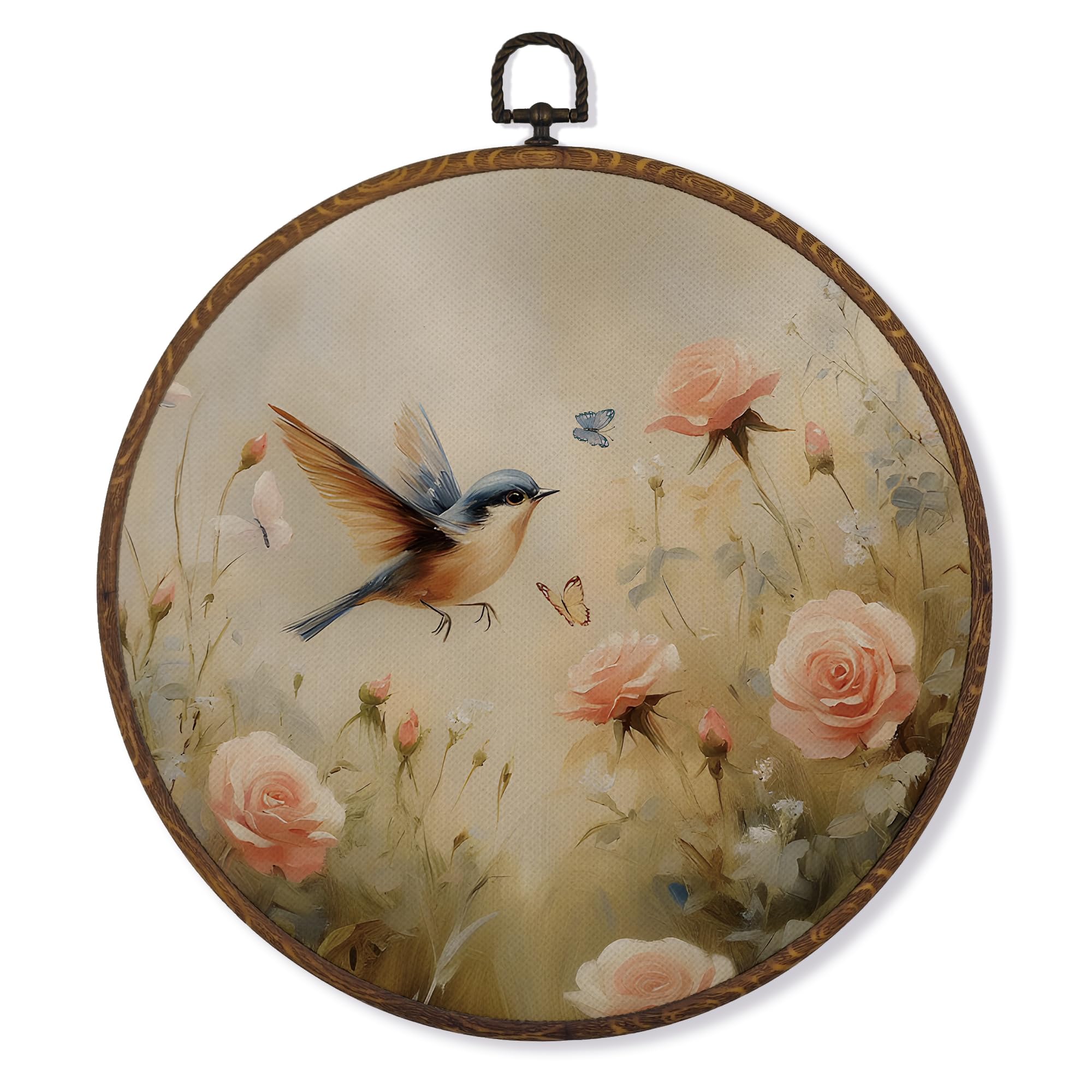 Photo 1 of MOTERMATE Vintage Bird Floral Wall Art Decor Round Framed, Rustic Bird Floral Canvas Wall Art Artwork Prints, Cottagecore Retro Farmhouse Botanical Flower Hanging Decor for Gallery Living Room,10x10In