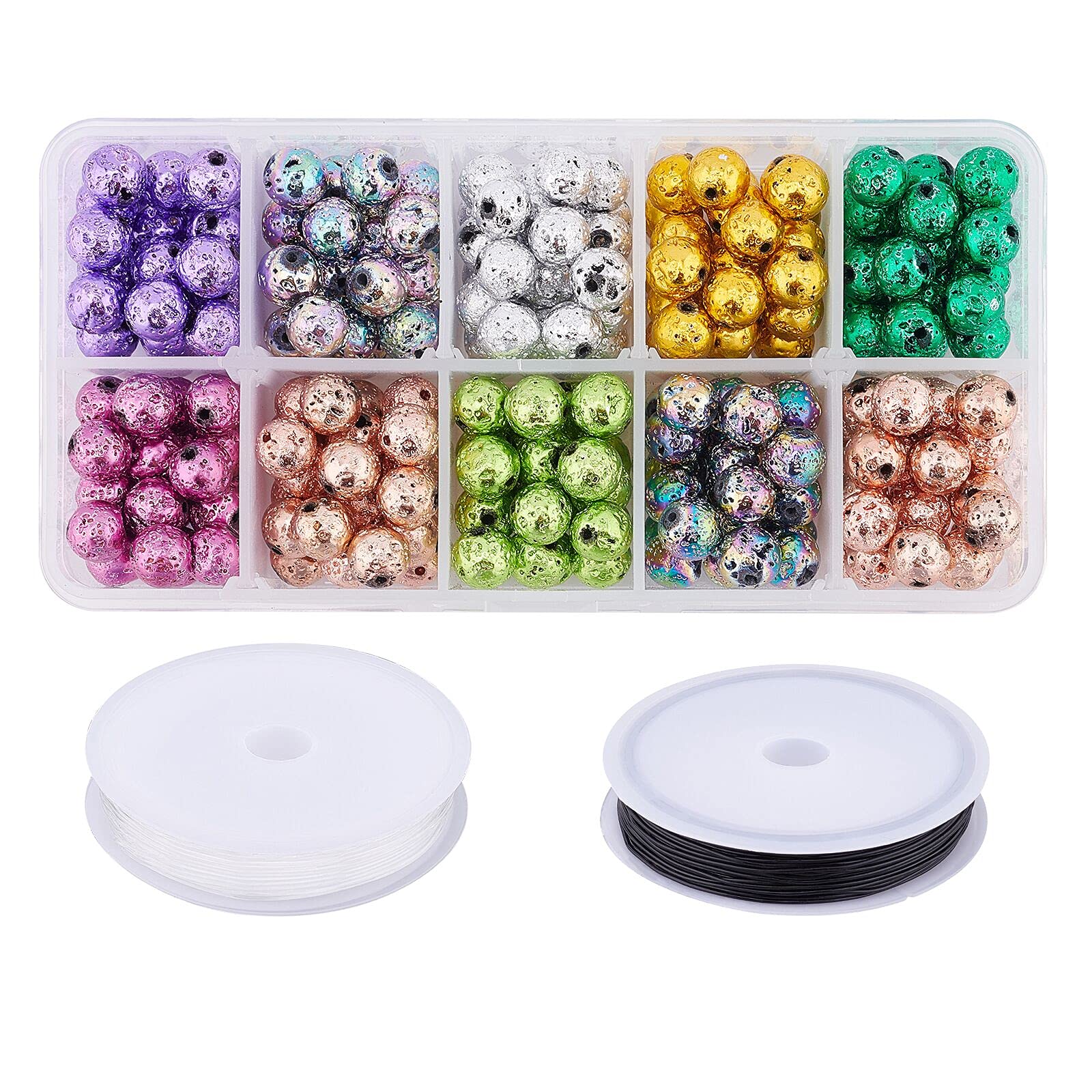 NBEADS 250 Pcs Electroplated Natural Lava Beads Strands 2 Rolls Elastic Crystal Thread, 10 Colors Round Beads for Essential Oil Bracelet Jewelry Making Kit