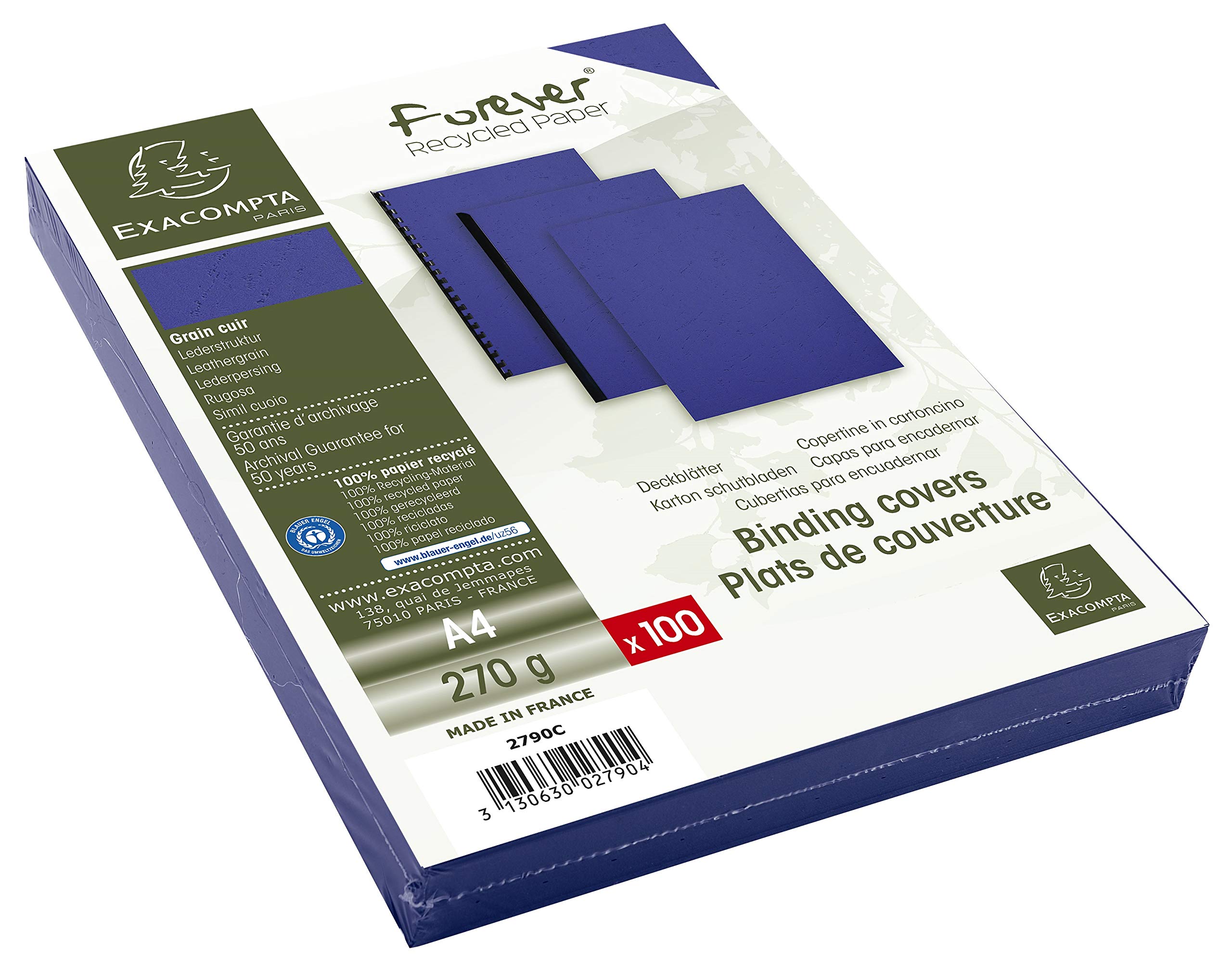 Exacompta - Ref 2790C - Forever Collection - Recycled Rigid Presentation Covers - A4 (210 x 297mm), Leather Grain Effect, 270gsm Rigid Card - Dark Blue (Pack of 100)