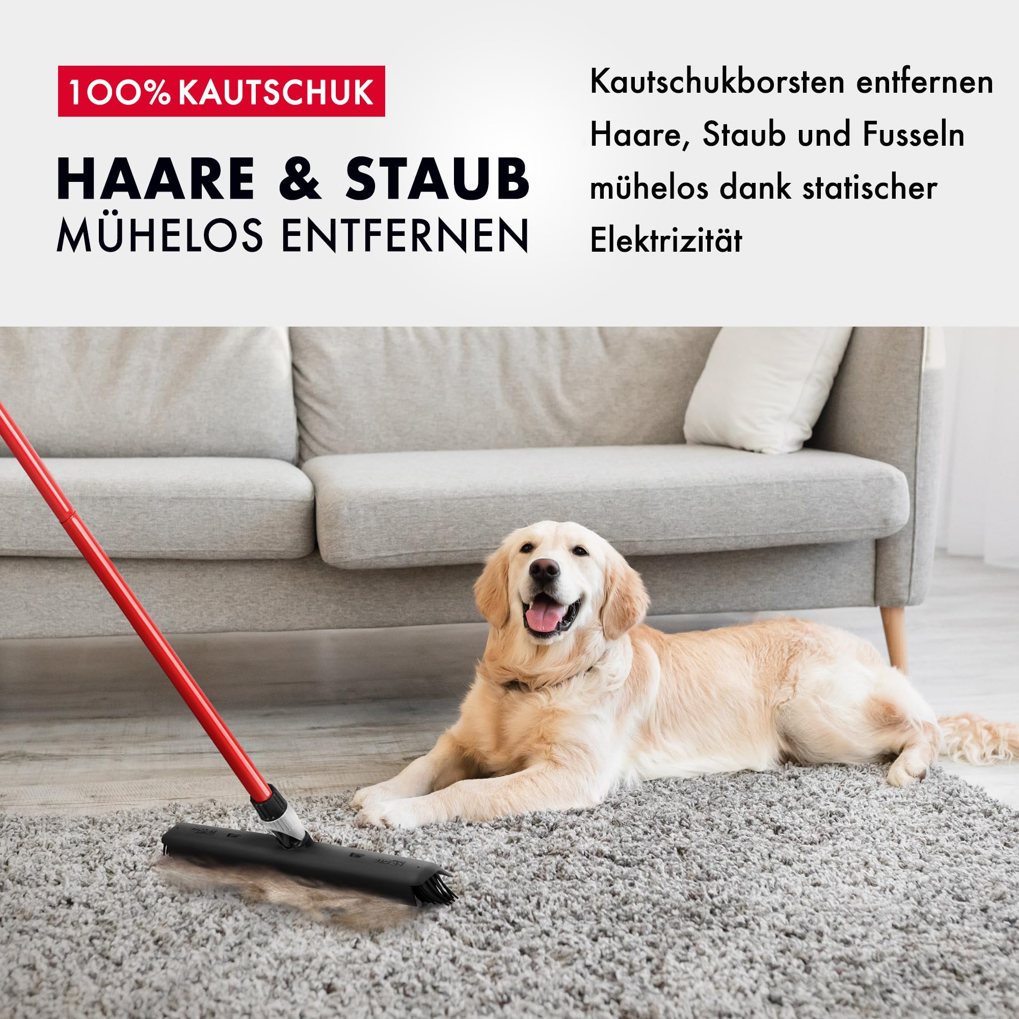 Tyroler Gummibesen & Bodenabzieher | Kehrbesen-Kopf aus 100% Naturkautschuk 41 cm | Besen mit Stiel und 140 cm Anti-Rost-Griff | Gummi-besen mit Abzieher | Gummibesen mit Stiel | Gummibesens Tierhaare 3